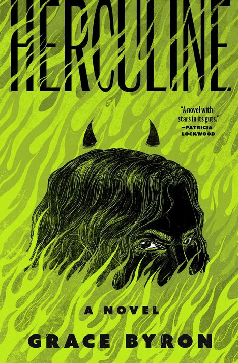 „HERCULINE. A novel with stars in its guts.“ Illustration mit grünen Flammen und einem halb verdeckten Gesicht mit Hörnern.