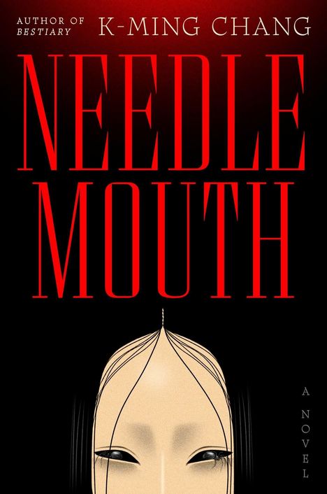 NEEDLE MOUTH in großen roten Buchstaben. Darunter ein minimalistisches Gesicht mit langen Haarsträhnen.