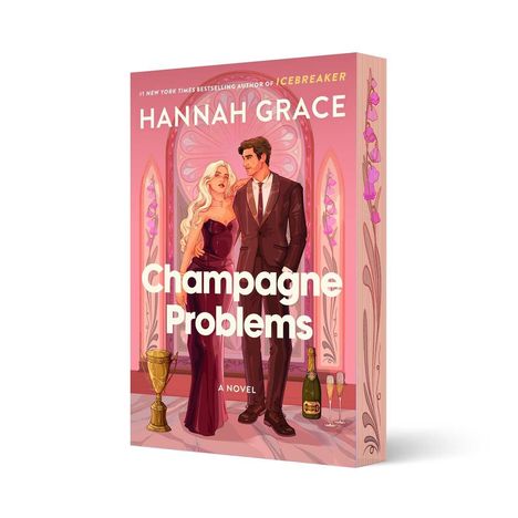 Text: "Cover to be revealed", "Hannah Grace", "Champagne Problems", "Atria Books". Roter Hintergrund, schlichtes Design, Logo.