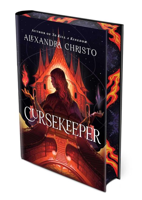 Titel: CURSEKEEPER; Autorin: ALEXANDRA CHRISTO; Illustration: geheimnisvolle Figur vor einem brennend-roten Gebäude.
