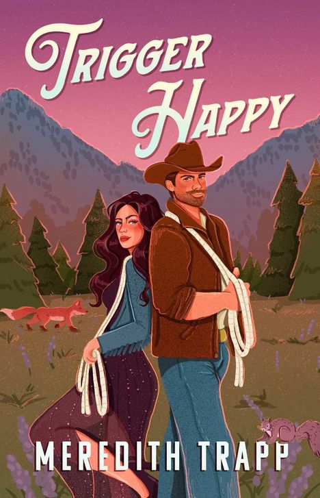"Trigger Happy" und "Meredith Trapp" stehen über einer Illustration mit einem Cowboy und einer Frau in einer Berglandschaft.