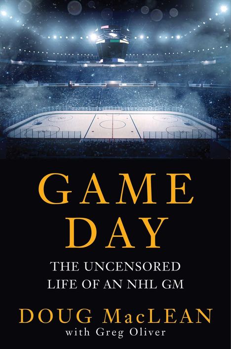 GAME DAY: THE UNCENSORED LIFE OF AN NHL GM. Oben: ein leeres, beleuchtetes Eishockeyfeld in einer Arena.
