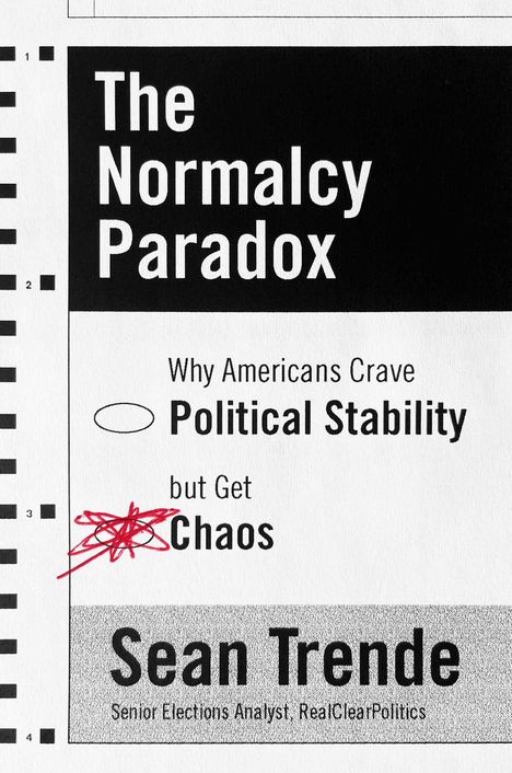 "The Normalcy Paradox: Why Americans Crave Political Stability but Get Chaos" Text mit Kritzelei bei "Chaos."