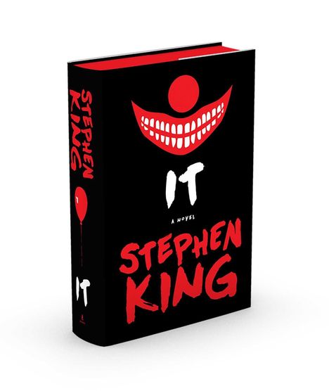 Text: "IT", "A Novel", "Stephen King". Schwarzes Cover mit roten Elementen, darunter ein Clown-Gesicht mit grinsendem Mund.