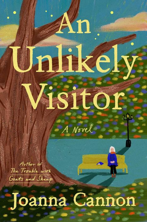 "An Unlikely Visitor" steht in gelber Schrift. Illustration: Eine Frau sitzt allein auf einer Bank unter einem großen Baum.