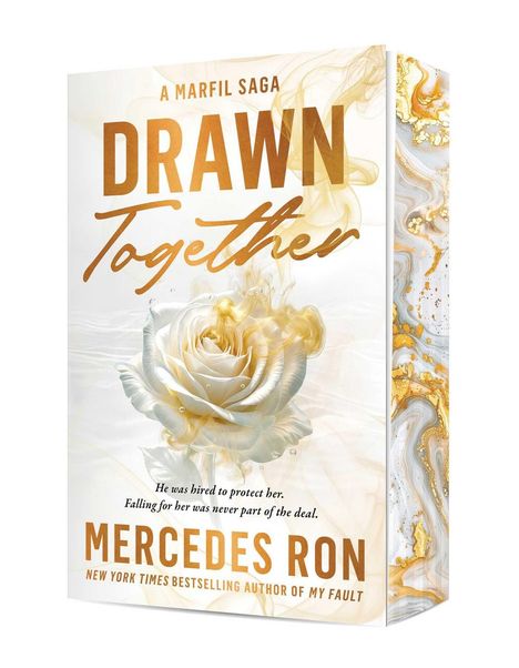 Text: "A Marfil Saga, DRAWN Together, He was hired to protect her. Falling for her was never part of the deal. MERCEDES RON."

Design: Eine stilvolle, gold-weiße Rose und marmorierte Muster.