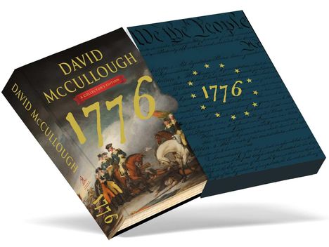 Auf einem Buch steht: DAVID MCCULLOUGH 1776 A COLLECTOR'S EDITION. Ein Gemälde von Reitern ziert den Umschlag.