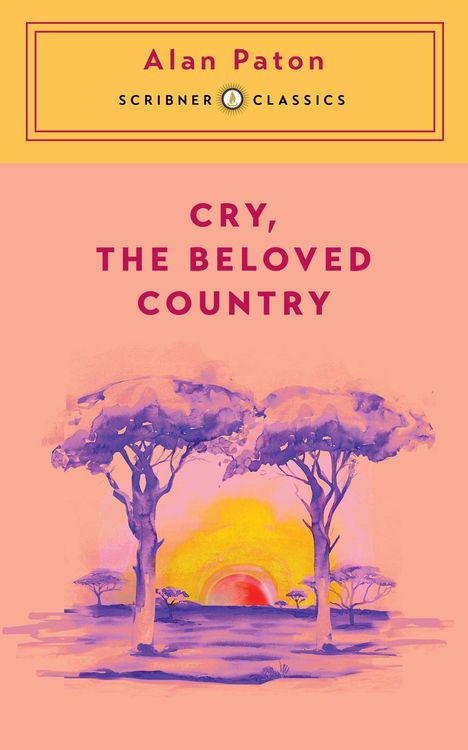 "CRY, THE BELOVED COUNTRY" in rosa. Gelber Himmel, lila Bäume, untergehende Sonne in Illustration.