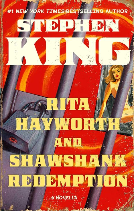 Text: Stephen King, Rita Hayworth and Shawshank Redemption. Illustration: Frau im roten Kleid hinter Gefängnisstäben.