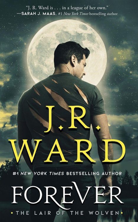 Zitat von Sarah J. Maas über J.R. Ward. Großes, gelbes "J.R. Ward" über einem Mann vor Vollmond mit zerrissenem Shirt.