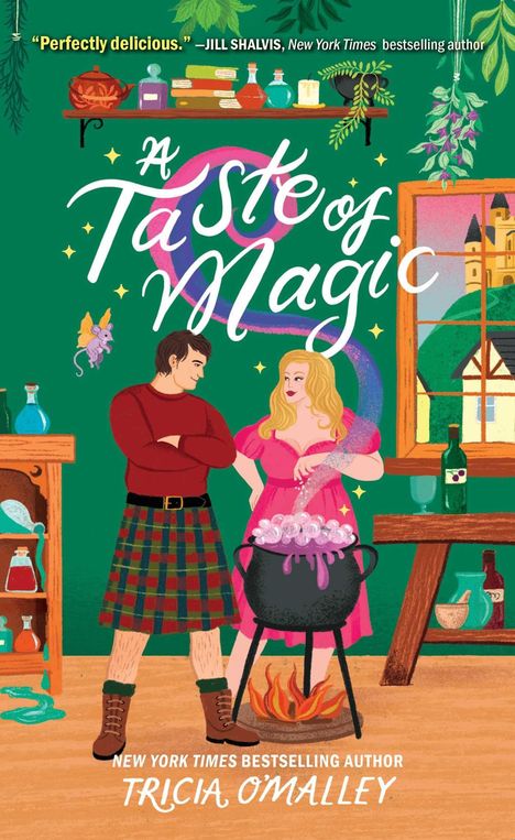 "A Taste of Magic" in verspielter Schrift. Illustration: Ein Mann und eine Frau brauen in einem Kessel. Magisches Ambiente.