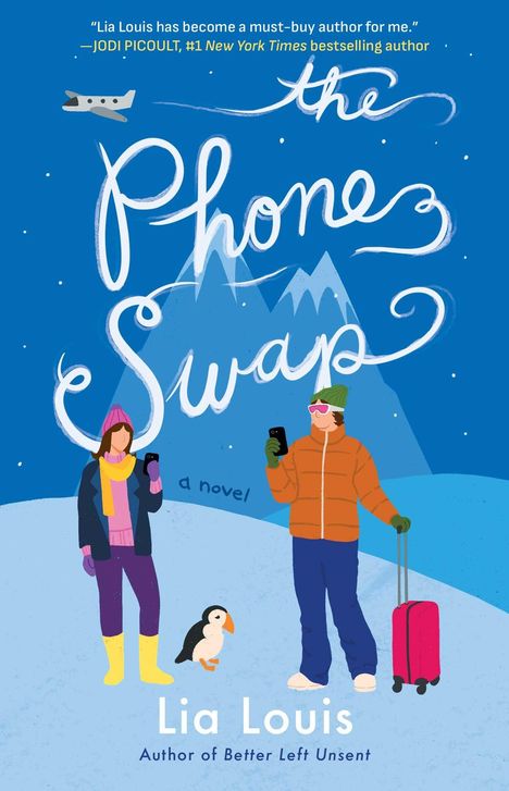 "the Phone Swap" steht in geschwungener Schrift. Zwei Personen in Winterkleidung mit Handys, Koffer und Papageientaucher.
