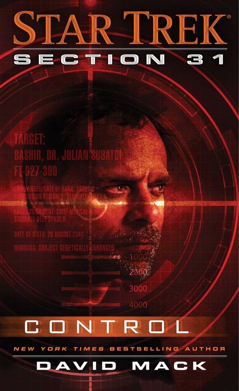 "STAR TREK SECTION 31: Control" von David Mack. Gezeigt wird das Gesicht eines Mannes in Rot, wie ein Ziel erfasst.