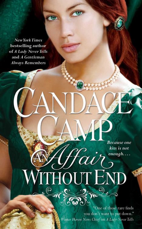 Texte: "Candace Camp, An Affair Without End, Because one kiss is not enough." Frau in grünem Kleid mit grünen Augen.
