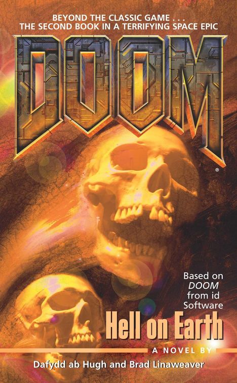 Texte: "DOOM", "Hell on Earth", "A novel by Dafydd ab Hugh and Brad Linaweaver". Hintergrund: Schädel auf orangefarbenem Grund.