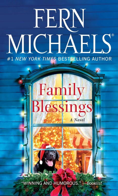 Buchtitel "Family Blessings" von Fern Michaels, mit einem dekorierten Fenster, Weihnachtsbaum und Hund mit Mütze.