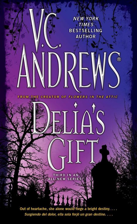 "Delia's Gift" von V.C. Andrews. Dritte in einer neuen Serie. Silhouetten von Bäumen vor einem violetten Himmel.