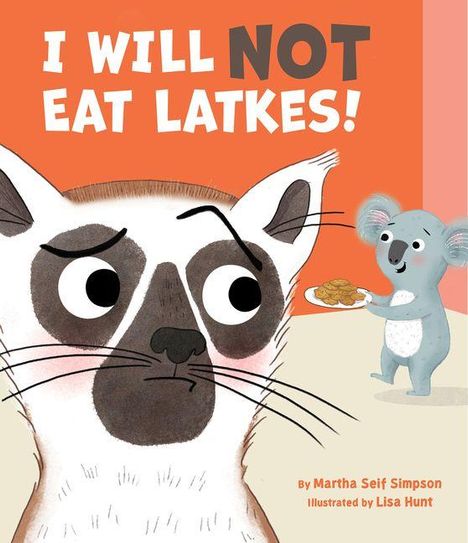 Text: "I WILL NOT EAT LATKES!" Ein Lemur blickt skeptisch, während ein Koala ihm einen Teller reicht.