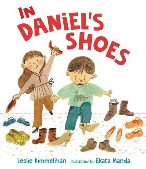 „In Daniel's Shoes“ steht oben. Zwei Kinder probieren verschiedene Schuhe an und wirken fröhlich.