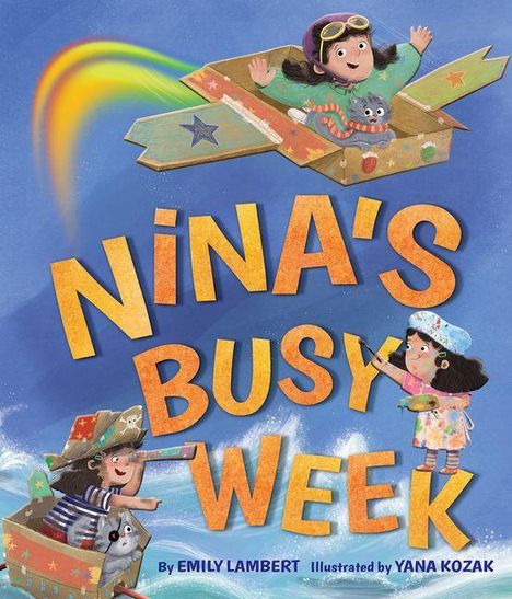 "NINA'S BUSY WEEK" in großen bunten Buchstaben. Drei Kinder spielen fantasievoll mit bemalten Kartons als Fahrzeuge.