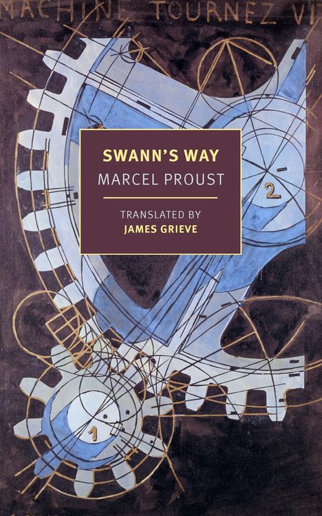 Text: "Swann's Way, Marcel Proust, Translated by James Grieve." 
Illustration: Zahnrad-Design mit geometrischen Linien.