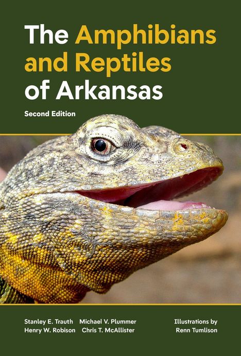 "The Amphibians and Reptiles of Arkansas, Second Edition" und ein Nahaufnahmenbild eines Reptils mit Schuppen und großem Auge.