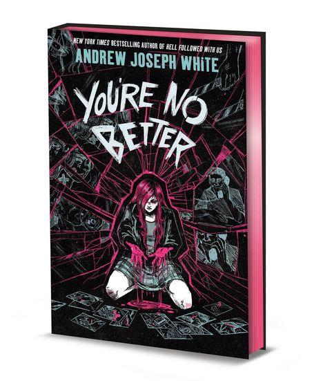 "YOU'RE NO BETTER" von Andrew Joseph White. Illustration: Person kniet, Hände blutig, auf gebrochenem Glasboden.