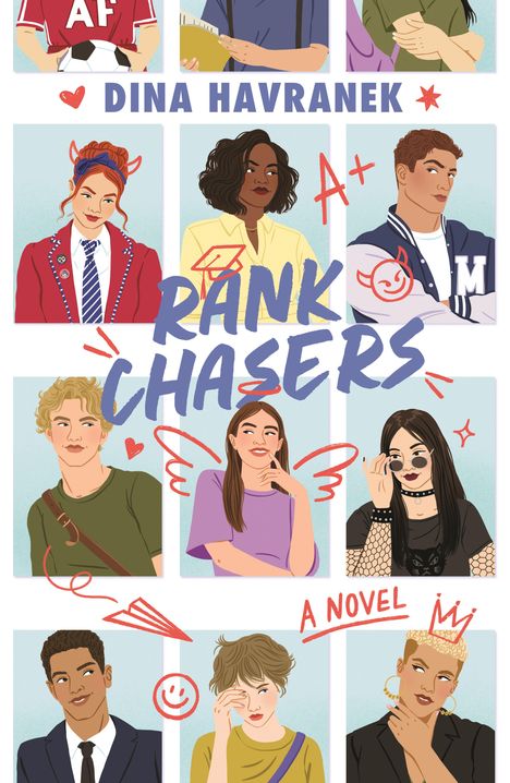 "Rank Chasers" und "A Novel" in großen Buchstaben, darunter diverse jugendliche Personen illustriert.