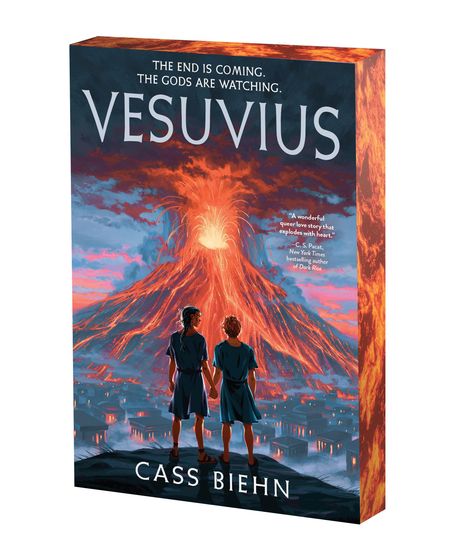 „The end is coming. The gods are watching. VESUVIUS.“ Zwei Menschen halten Hände, beobachten Vulkan Vesuvs Ausbruch.