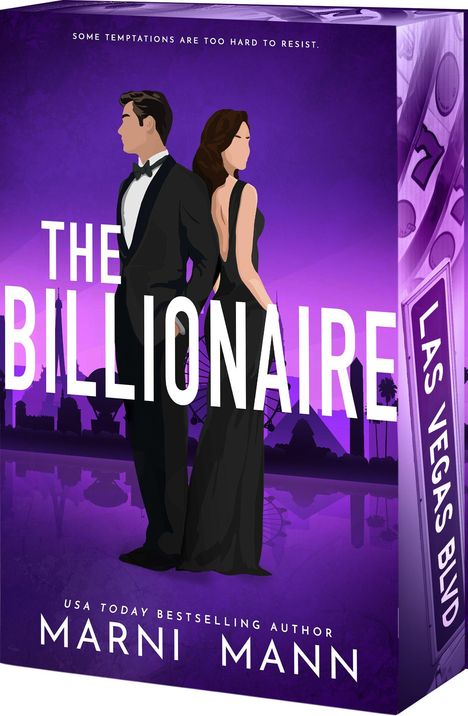 "The Billionaire" von Marni Mann, Illustration: Mann im Smoking, Frau im Abendkleid, Silhouette von Las Vegas im Hintergrund.