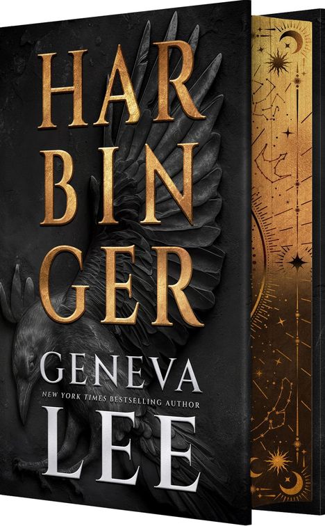 "HARBINGER", darunter "GENEVA LEE", gefolgt von "NEW YORK TIMES BESTSELLING AUTHOR". Ein Rabenvogel mit ausgebreiteten Flügeln.