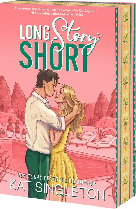 Text: "Long Story Short", "Kat Singleton". Illustration eines Paares in inniger Umarmung vor einer Gartenkulisse.