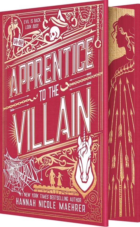 Text: "COVER TO BE REVEALED", "APPRENTICE TO THE VILLAIN", "EDGES COMING SOON!", Autor: Hannah Nicole Maehrer. Buchcover-Design.