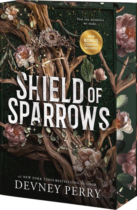 "SHIELD OF SPARROWS", Devney Perry. Blumen und Zweige schmücken ein kunstvolles Cover, goldene Akzente im Hintergrund.