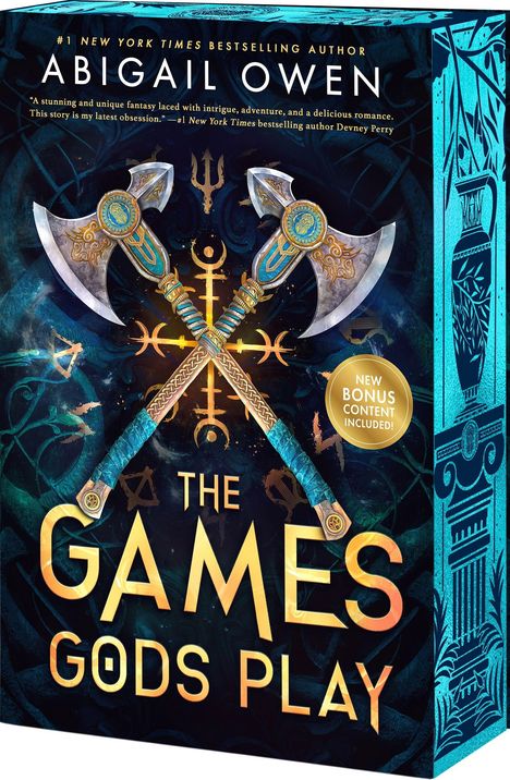 Text: "THE GAMES GODS PLAY", "ABIGAIL OWEN", "NEW BONUS CONTENT INCLUDED". Zwei gekreuzte Äxte vor mystischem Hintergrund.