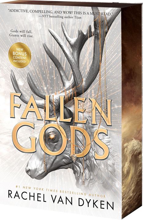 "FALLEN GODS" in großen Buchstaben, silberner Hirschkopf mit Ketten, strahlender Hintergrund.