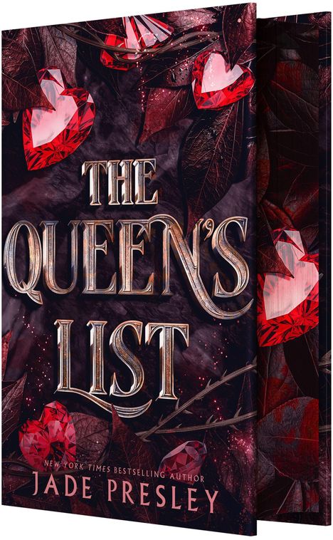 "THE QUEEN'S LIST", Jade Presley. Dunkler Hintergrund, rote Herzen, herbstliche Blätter.