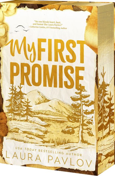„My First Promise“ von Laura Pavlov. Illustration zeigt Berge und Bäume in Braun- und Gelbtönen.
