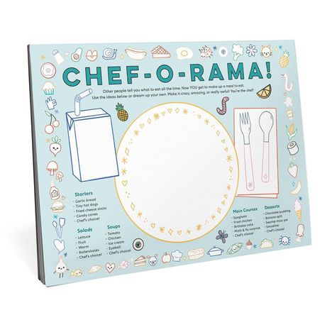 Text: "CHEF-O-RAMA! Starters, Salads, Soups, Main Courses, Deserts." Verspielte Illustrationen von Lebensmitteln und Utensilien.