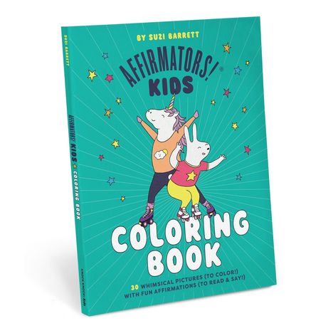 "AFFIRMATORS! KIDS COLORING BOOK" zeigt ein tanzendes Einhorn und einen Hasen auf Rollschuhen, umgeben von Sternen.