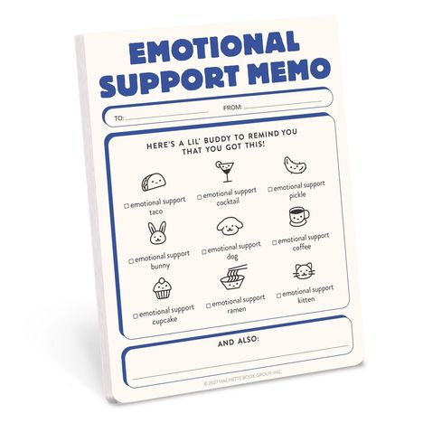 "EMOTIONAL SUPPORT MEMO. Boxen mit emotional support taco, cocktail, pickle, bunny, dog, coffee, cupcake, ramen, kitten."