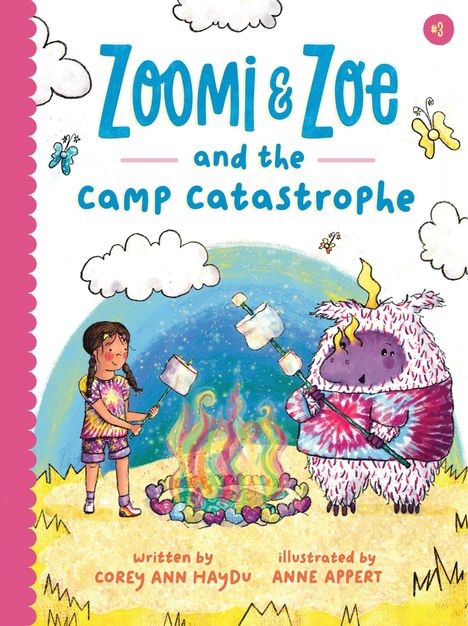 "Zoomi & Zoe and the Camp Catastrophe" zeigt ein Mädchen und ein flauschiges Monster am Lagerfeuer, bunte Schmetterlinge fliegen.