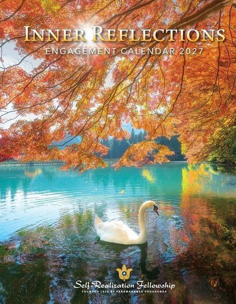 "Inner Reflections Engagement Calendar 2027" ist oben. Ein Schwan schwimmt auf einem See unter herbstlich gefärbten Bäumen.