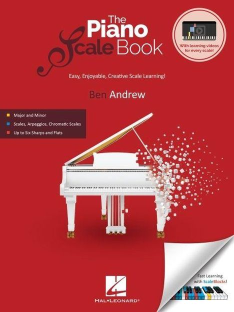 „The Piano Scale Book“, Ben Andrew. Weißer Flügel auf rotem Hintergrund. Hinweise zu Tonleitern und Videos.