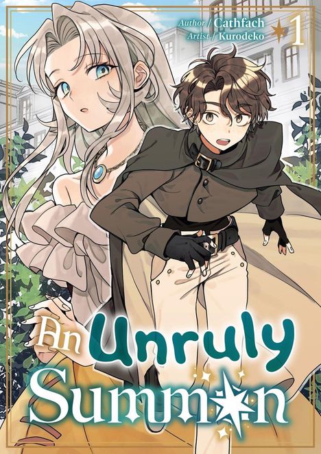 „An Unruly Summon“ mit Autorenname Cathfach und Künstler Kurodeko. Zwei Personen, eine blonde Frau und ein junger Mann.