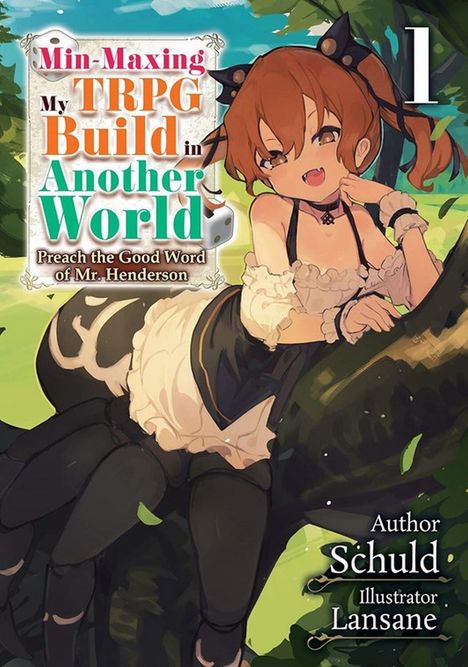 „Min-Maxing My TRPG Build in Another World“ steht neben einer Figur in einem Fantasiekostüm auf einem Baum.