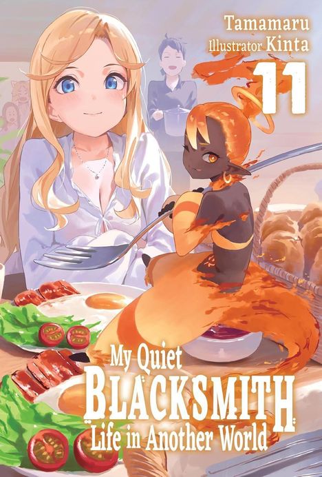 Titel: "My Quiet Blacksmith Life in Another World 11". Zwei Figuren, eine Frau mit langen blonden Haaren und eine orange-schwarze Figur.