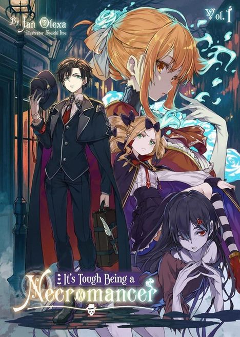 "Vol. 1", "It's Tough Being a Necromancer". Fantasie-Illustration mit vier Figuren, stilvoll und mystisch.