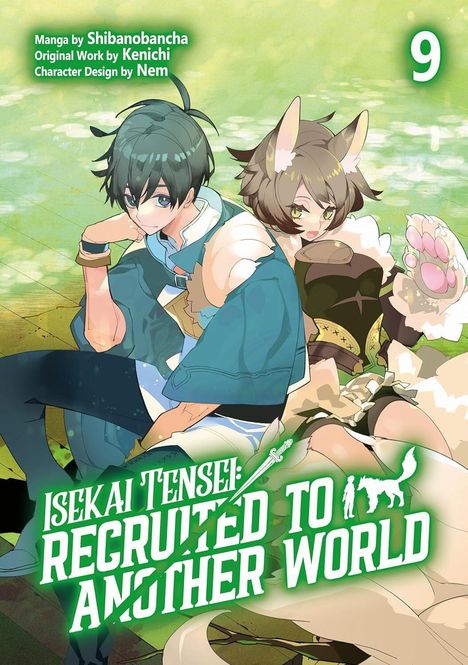 Titel: Isekai Tensei: Recruited to Another World, zwei Figuren, eine menschlich, eine mit Tierohren, auf grünem Hintergrund.