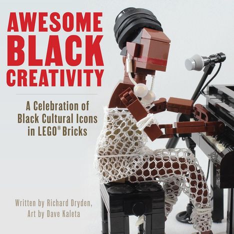 "AWESOME BLACK CREATIVITY" in großen roten Buchstaben, darunter ein LEGO-Musiker an einem Klavier.